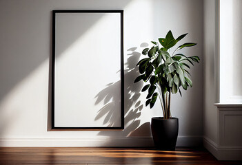 Heller Innenraum mit großer Pflanze und Bilderrahmen mit Textfreiraum als Platzhalter an einer modernen Innenwand im Hintergrund. Natürliches Sonnenlicht scheint durch das Fenster. Generative Ai
