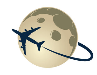 Symbol of a flying airplane with the moon.
