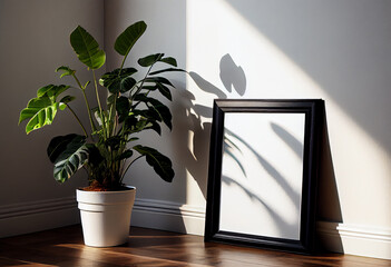 
Heller Innenraum mit großer Pflanze und Bilderrahmen mit Textfreiraum als Platzhalter an einer modernen Innenwand im Hintergrund. Natürliches Sonnenlicht scheint durch das Fenster. Generative Ai
