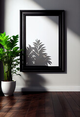 Heller Innenraum mit großer Pflanze und Bilderrahmen mit Textfreiraum als Platzhalter an einer modernen Innenwand im Hintergrund. Natürliches Sonnenlicht scheint durch das Fenster. Generative Ai
