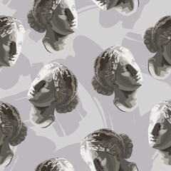 Venus (Aphrodite) goddess of love head monochrome vector seamless pattern 