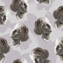 Venus (Aphrodite) goddess of love head monochrome seamless pattern 