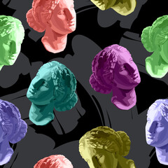 Venus (Aphrodite) goddess of love head colorful vector seamless pattern 
