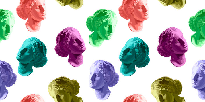 Venus (Aphrodite) goddess of love head colorful vector seamless pattern 
