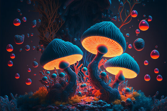 Psilocybin therapy as treatment of mental health challenges. Psilocybin psychotropic magic psilocybin mushrooms on dark neon background. Generative AI