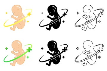 Fototapeta na wymiar Healthy Remedy Recovery Cure Human Fetus Infant Embryo Reproductive System Medical Logo, Set of Flat Icon Pictogram, Black-White Silhouette, Line Art Isolated on White Background Vector Illustration