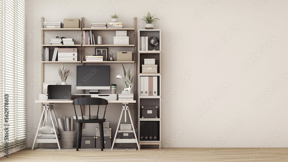 Poster modern workplace with comfortable modern working table and computer with working chair and large win