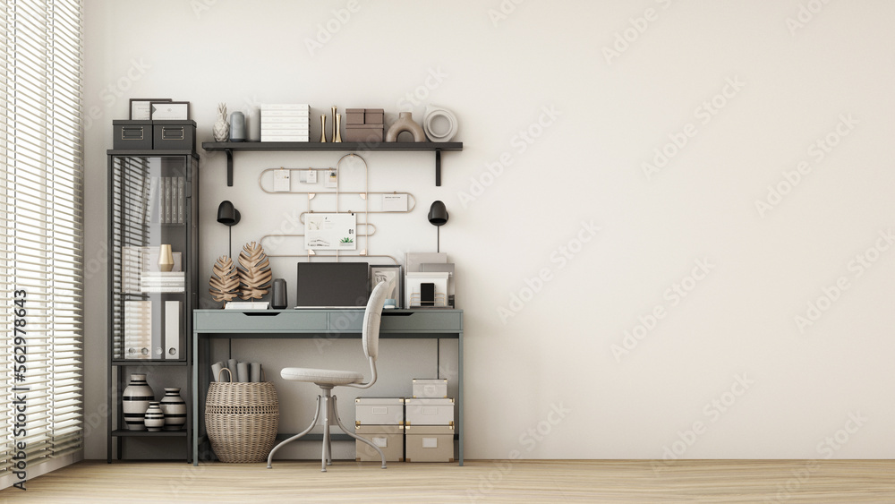 Poster modern workplace with comfortable modern working table and computer with working chair and large win