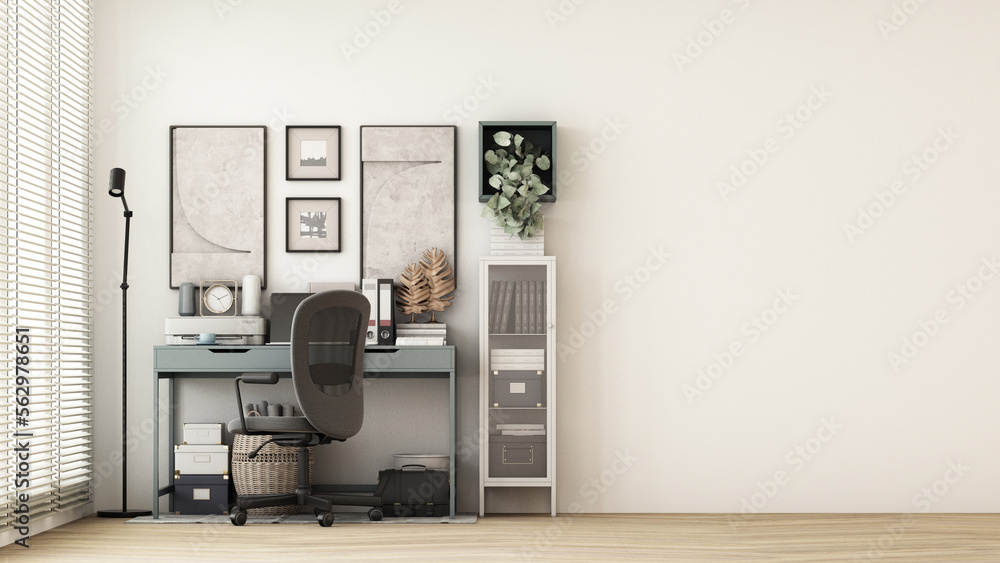 Poster modern workplace with comfortable modern working table and computer with working chair and large win