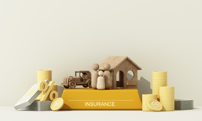 Model of a wooden house and a car with a on podium with money in the concept of real estate insurance and family financial future planning On a white background, cartoon style. 3D rendering.
