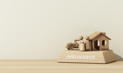 Model of a wooden house and a car with a on wood podium in the concept of real estate insurance and family financial future planning On a white background, cartoon style. 3D rendering.