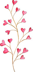 Branch with leaves-hearts. Valentines Day. Watercolor clipart.