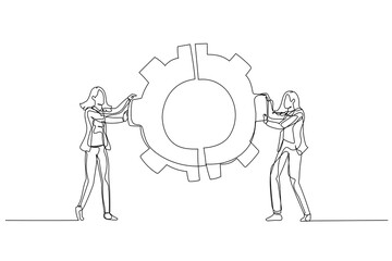 Cartoon of businesswoman with team colleagues connecting cogwheel gear together concept of integration partnership. Single continuous line art style