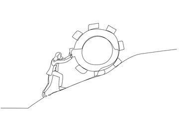 Illustration of businesswoman pushing gear to the top metaphor of persistence and hard work. One line art style