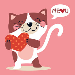 Illustration of a cat in love holds a heart with its paws and says meou, Valentine's Day illustration