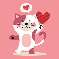 Illustration of a cat in love holds a heart with its paw and says love, Valentine's Day illustration