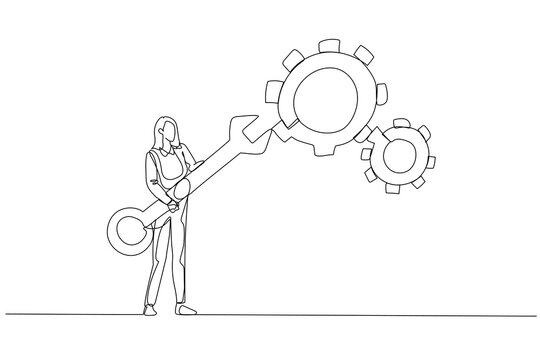 Drawing of businesswoman holding wrench to adjust gear cogwheels setting concept of adjustment. Single line art style