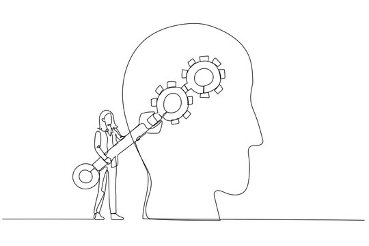 recommend clip art: Drawing of businesswoman with using wrench fixing gear cogwheels metaphor for change mindset attitude. Single continuous line art style