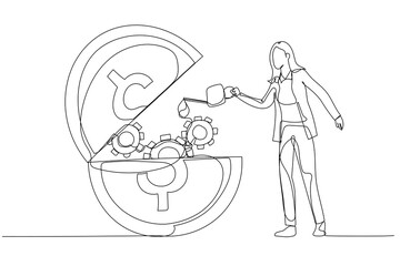 Cartoon of businesswoman put lubricant oil on opening gold coin concept of financial liquidity. Continuous line art