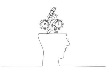 Illustration of businesswoman riding bike with gears on head. One line style art