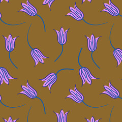 Cute seamless repeat pattern with lilac flowers on brown background, floral motif for all seasons. Drawing of bright flowers in a pattern for textiles, wrapping paper and packaging design. Vector