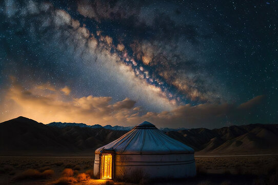 Yurts on the Mongolian grasslands at night with the Milky Way