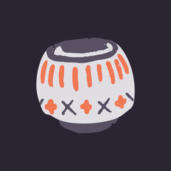 Ceramic pot painted with rustic ornament on enamel. Handmade ceramics, pottery. Modern trendy stoneware in country style. Hand-made cup, crockery, flowerpot. Isolated flat vector illustration