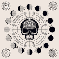 Vector circle of Zodiac signs with hand-drawn human human skull, Sun and and moon phases. Retro banner with horoscope symbols for astrological forecasts. Masonic symbol all-seeing eye