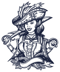 Pirate girl. Captain woman, sea wolf filibuster. Old school tattoo vector art. Hand drawn graphic. Isolated on white. Traditional flash tattooing