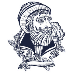 Sea wolf portrait, sailor man. Old captain smokes a pipe. Bearded seaman. Old school tattoo vector art. Hand drawn graphic. Isolated on white. Traditional flash tattooing