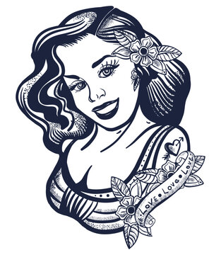 Sailor girl pin up style. Old school tattoo vector art. Hand drawn graphic. Isolated on white. Traditional flash tattooing