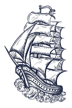 Pirate ship. Old school tattoo vector art. Hand drawn graphic. Isolated on white. Traditional flash tattooing