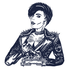 Punk girl. Rock woman musician. Street music culture. Old school tattoo vector art. Hand drawn graphic. Isolated on white. Traditional flash tattooing