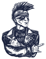 Punk man portrait. Rock music concept. Punker with mohawk hairstyle. Old school tattoo vector art. Hand drawn graphic. Isolated on white. Traditional flash tattooing