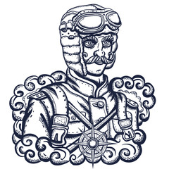 Military pilot in uniform. Old school tattoo vector art. Hand drawn graphic. Isolated on white. Traditional flash tattooing style