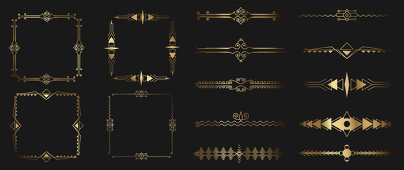 Collection of geometric art deco ornament. Luxury golden decorative elements with different lines, shapes, frames, divider and border. Elegant vector set design for card, invitation, poster, banner.