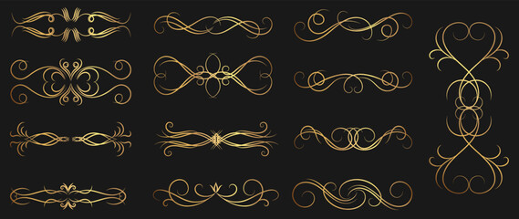 Luxury golden Ornament frame decorative elements with different delicate curve lines, divider and borders. Elegant vector set design for card, invitation, poster, banner.