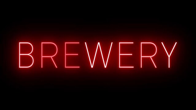 Retro red neon sign against a black wall with BREWERY