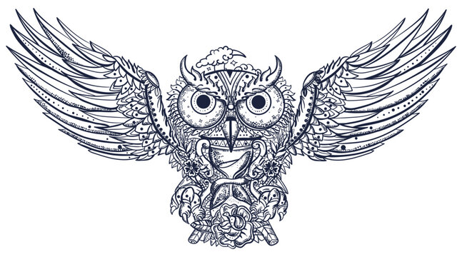 Owl portrait. Old school tattoo vector art. Hand drawn graphic. Isolated on white. Traditional flash tattooing