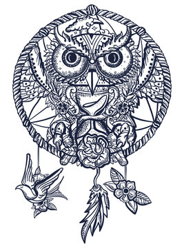 Owl and dream catcher talisman. Old school tattoo vector art. Hand drawn graphic. Isolated on white. Traditional flash tattooing
