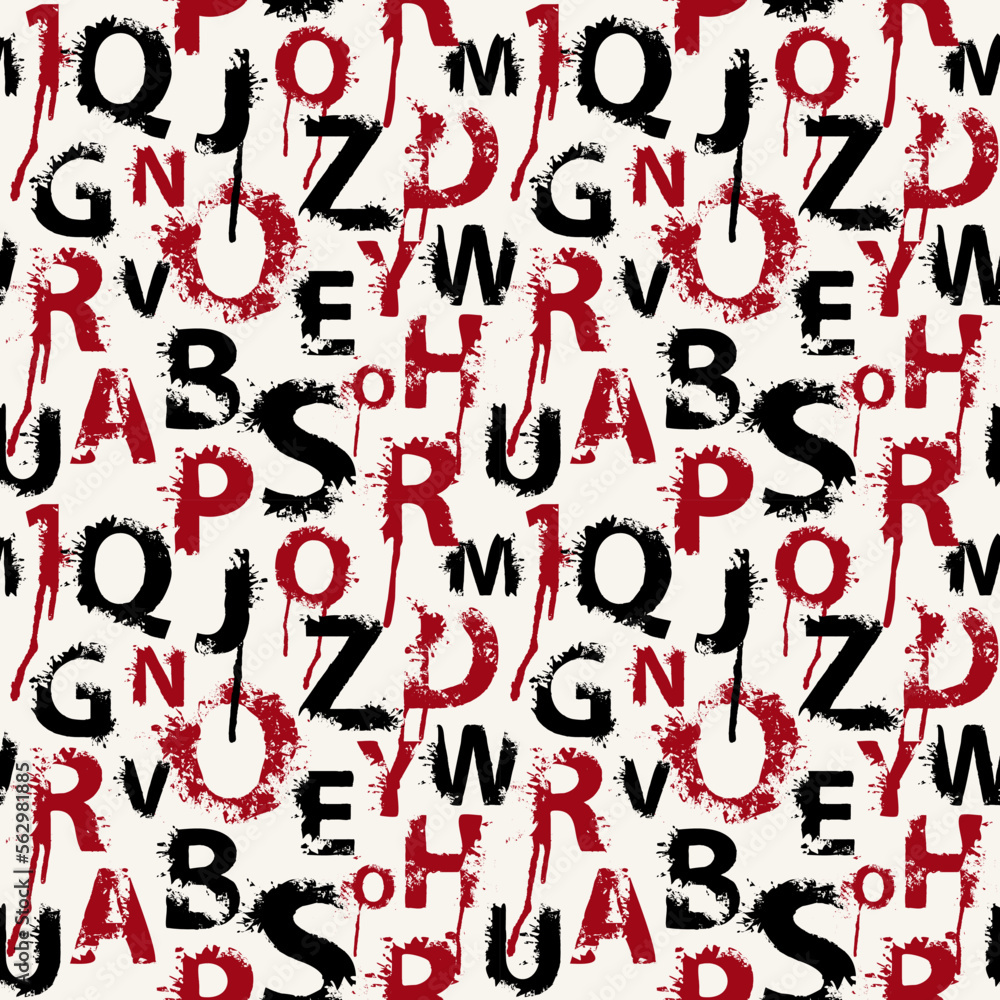 Poster seamless pattern with alphabet letters in form of colored paint splashes and blots. abstract vector 