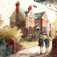 Old British School  illustration - students on their way to school - watercolor art