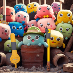 Naklejka premium Plushies gathering for a photoshoot - AI generated background of plushie construction workers 