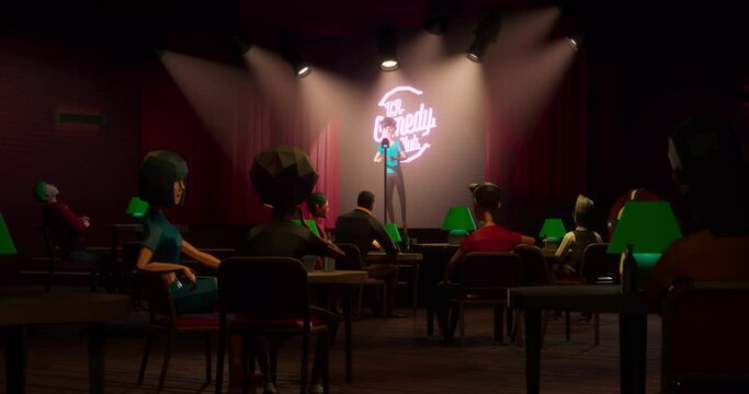 People playing as avatars watching live comedian performing stand-up monologue on a stage VR comedy club in metaverse, 3D rendering