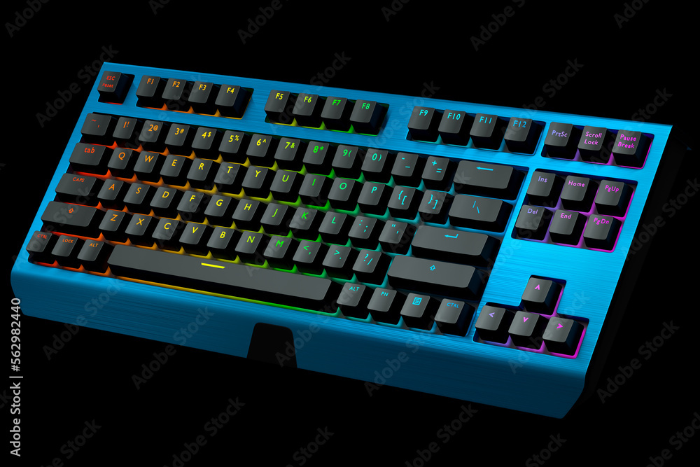 Poster blue computer keyboard with rgb colors isolated on black background.