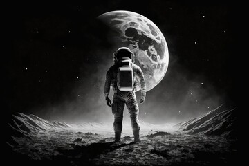 Astronaut looks to Earth from Moon. Astronaut on the new planet. An astronaut stands on the surface of the moon among craters against the backdrop of the planet earth. generative ai