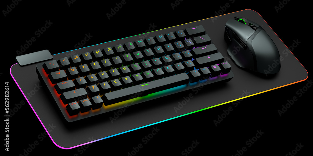 Poster computer keyboard and mouse on professional pad isolated on black background.