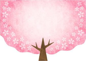 大きな桜の木と桜の花びら 春の水彩背景イラスト