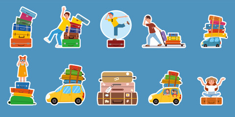 a set of stickers of flat vector illustrations on the theme of travel. A big pile of suitcases. the man throws the luggage. The girl looks through binoculars, standing on the bags.