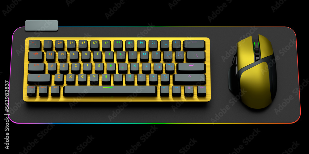 Poster computer keyboard and mouse on professional pad isolated on black background.